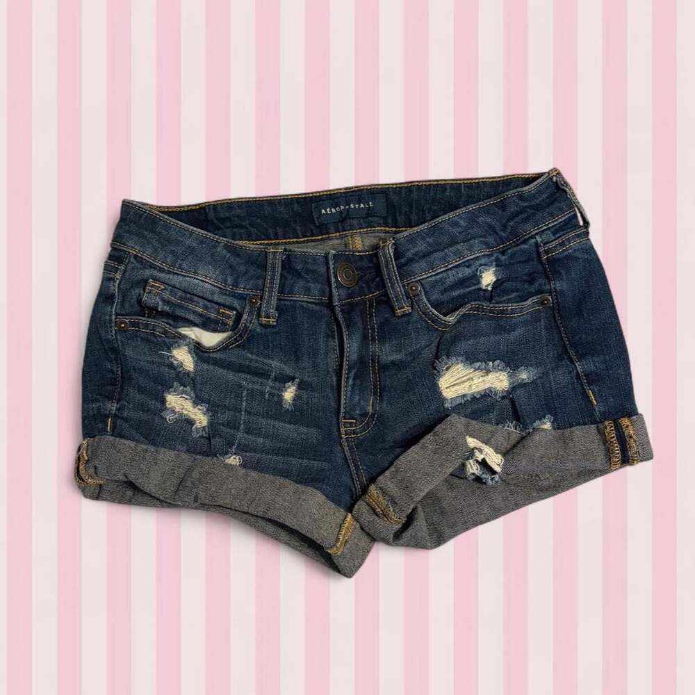 Aéropostale Low Rise Distressed Denim Shorts Dark Wash Size 29